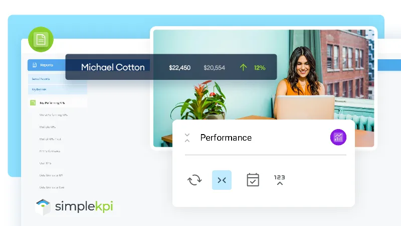 a lady sitting at a desk surounded by a KPI Dashboard and Report