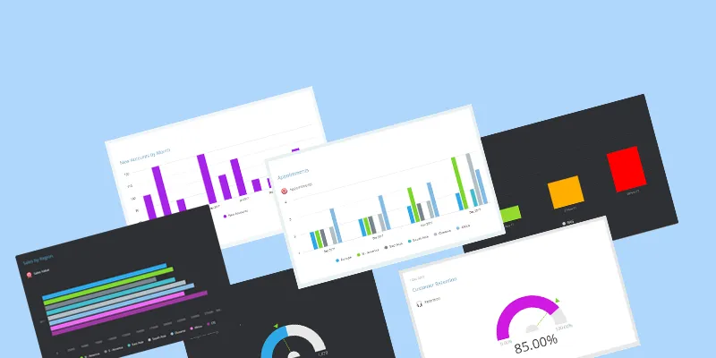6 example dashboard charts overlapping on a blue background