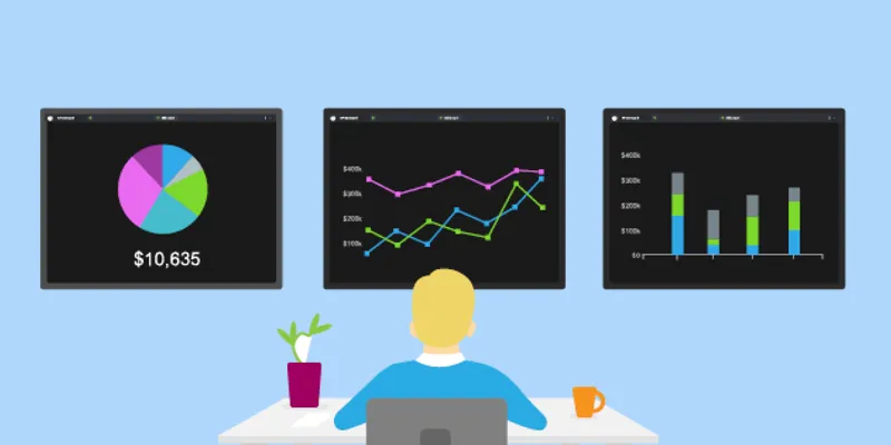 monitor displaying a line graph with Key performance indicator icons behind