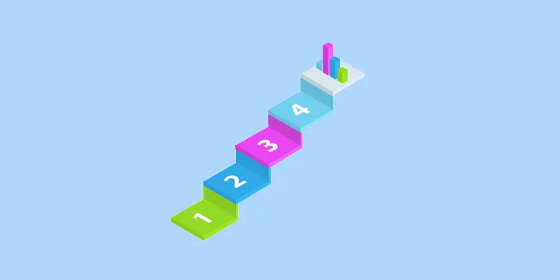 5 coloured steps leading to a column chart