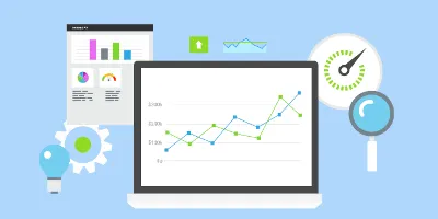 monitor displaying a line graph with Key performance indicator icons behind