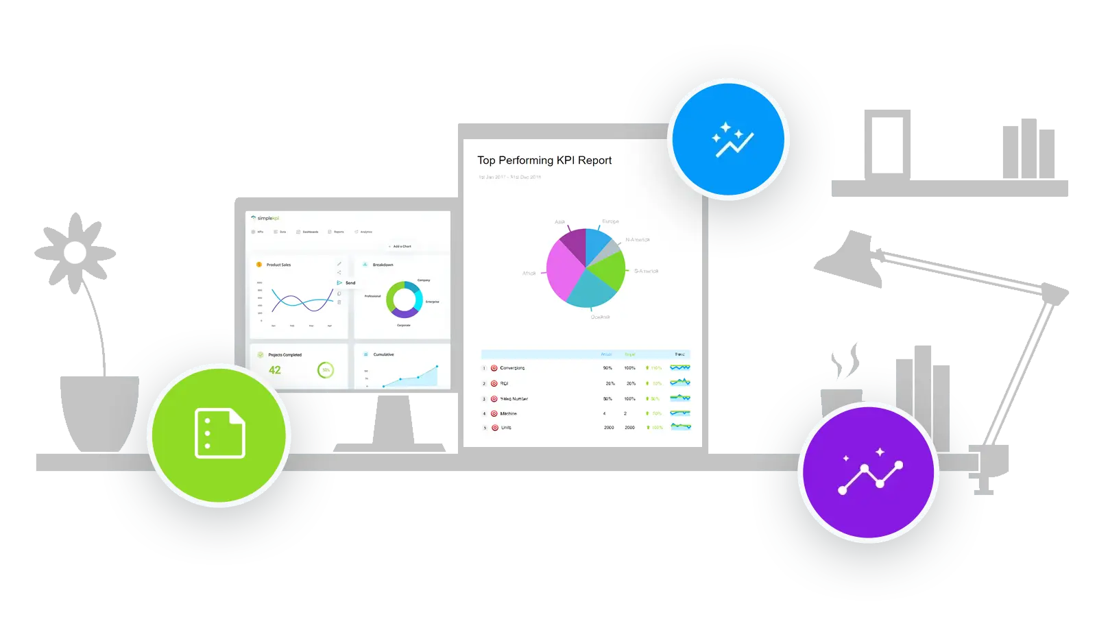grey illustration of desk object including a KPI Dashboard and report