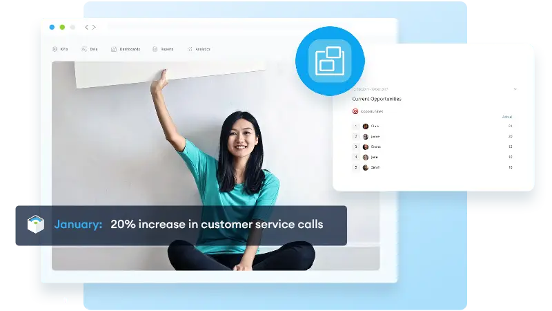 woman holding sign next to a KPI Software interface
