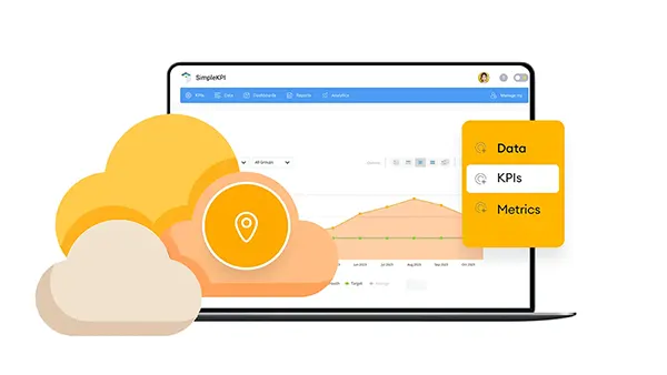 KPI analytics interface displayed on a laptop with orange clouds overlayed