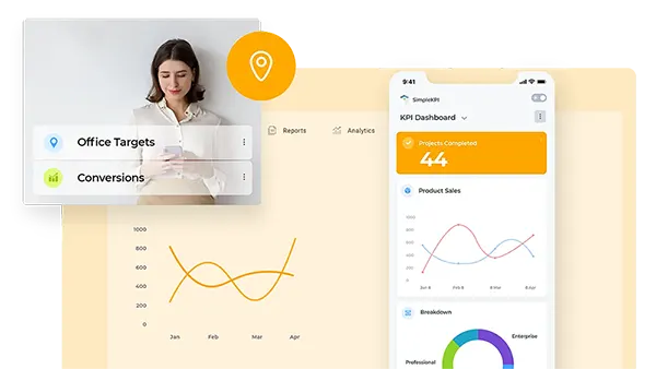 A woman tracking KPIs on a mobile device and desktop